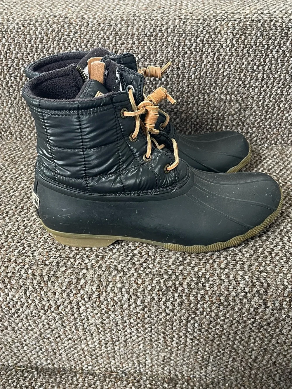 Sperry Black Duck Boots with Tan Laces and Quilted Upper